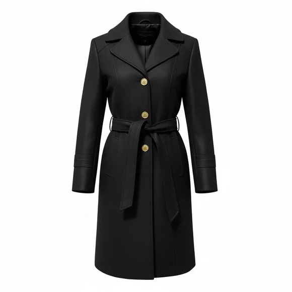 Michael Kors Elegant Black Hooded Trench Coat with Gold Accents (item#d10001) - Picture 1 of 12